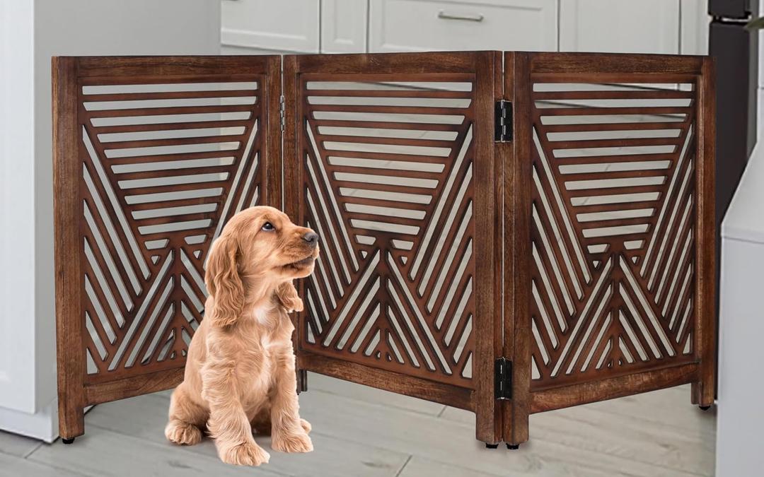 Lightnpro Extra-Wide Wooden Dog Gate Rustic Freestanding Indoor Pet Barrier, Foldable Safety Fence for Small Dogs, Decorative Room Divider for Stairs, Doorways & Hallways 24x54 Inch Burnt Finish