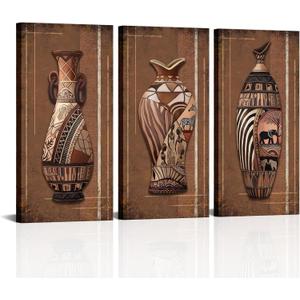 Zlove African Vase Canvas Wall Art Tribal Pot Artwork Retro Still Life Farmhouse Painting for Living Room Kitchen, 16"x32", 3Pcs (Brown)