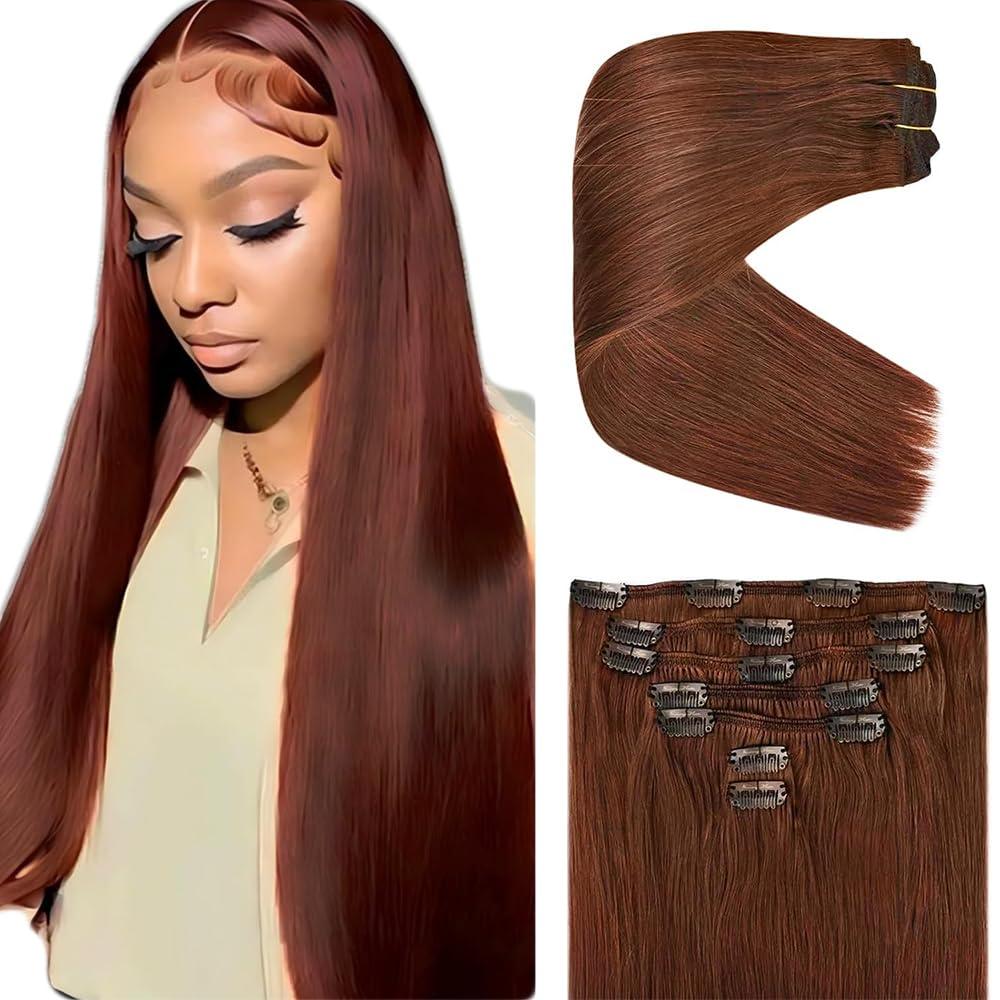#33 Reddish Brown Clip in Hair Extensions Real Human Hair, 28 Inch 120g/7Pcs,Full Shine Remy Hair,Copper Red Straight Clip ins Brazilian Virgin Human Hair Extensions