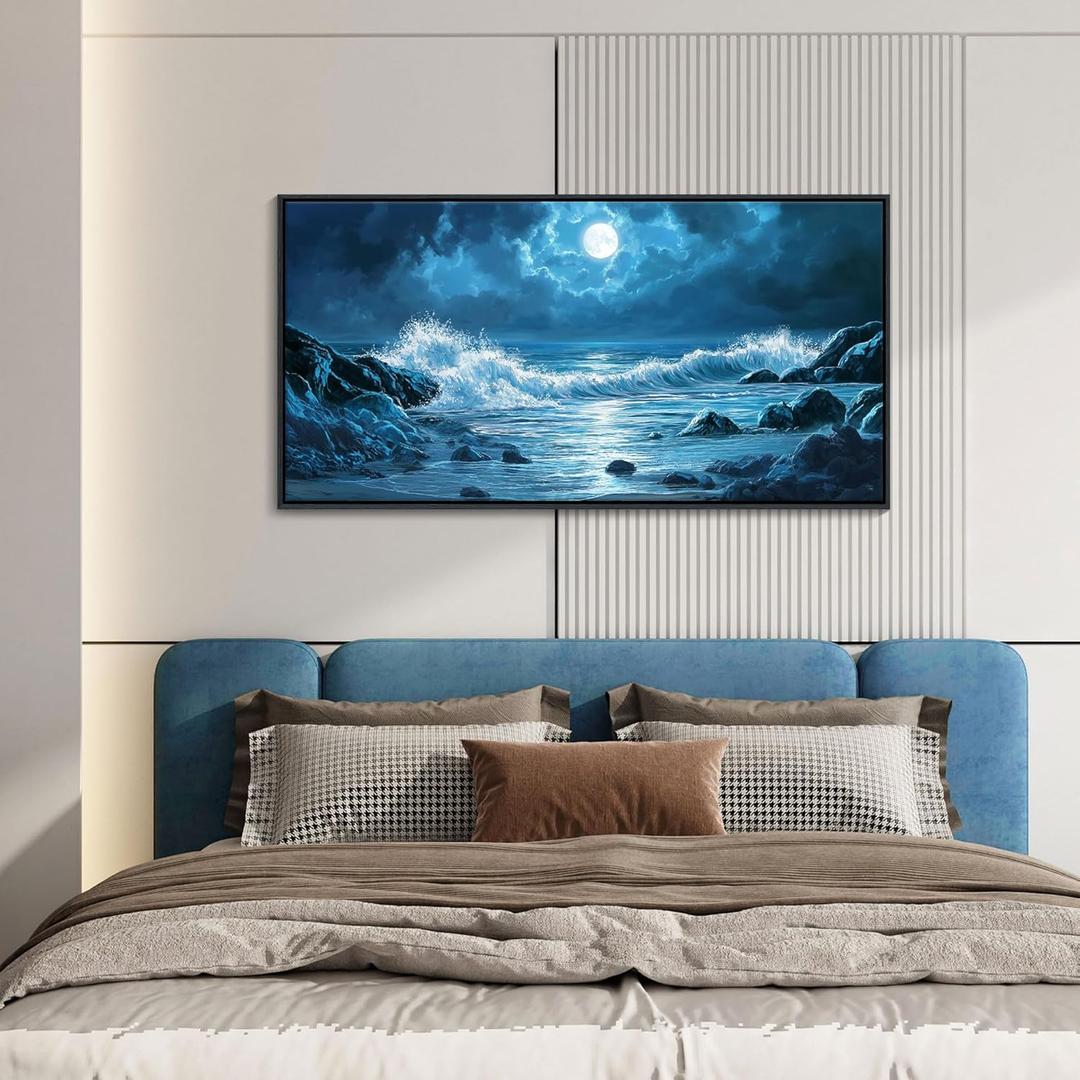CHATYOUNG Navy Blue Beach Wall Art, Wild Ocean Waves Landscape Framed Paintings Large Coastal Room Decor 24x48 In for Living Room Bedroom Office Kitchen Study Home Gifts Wall Decor (48L" x 24W")