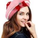 VALICLUD Women Bow Beret Wool Hat Warm Breathable Fashionable Decorative Sweet Bowknot Berets for Outdoor Parties and Casual Wear (Pink)