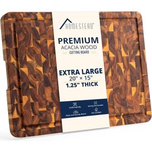 End Grain Acacia Wood Cutting Board 20x15x1.25, Reversible Butcher Block Board for Kitchen with Deep Juice Groove, Handles, Knife-Friendly Surface for Meat Chopping and Charcuterie Serving