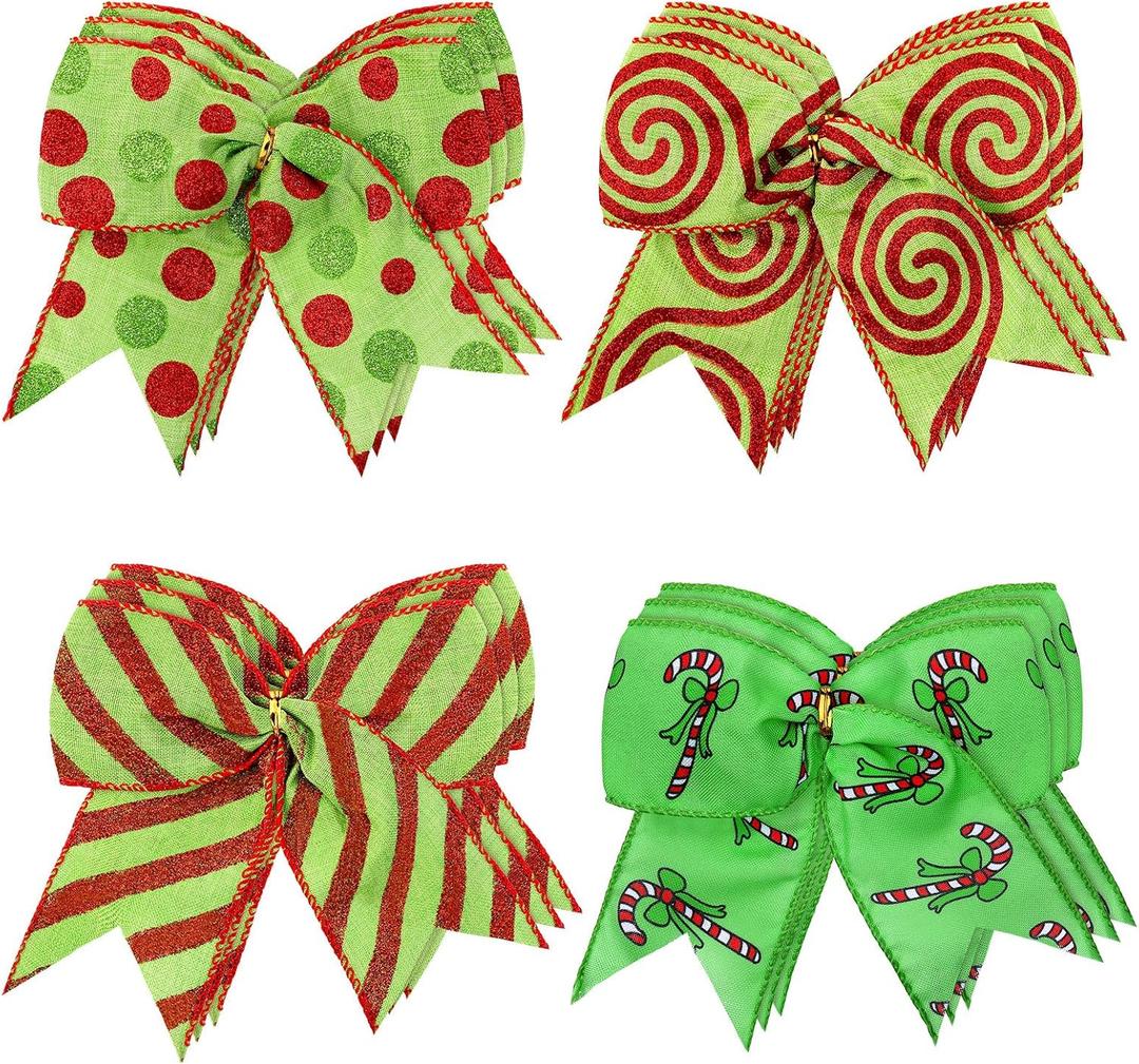 12 Pcs Red Green Christmas Bows,6 Inch Christmas Tree Decorations,4 Styles Green Bows for Xmas Tree Wreaths Decoration Enhancements