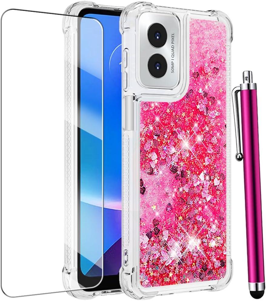 for Motorola Moto G Play 2024 Case with Screen Protector, Cute Glitter Bling Liquid Floating Women Girls Phone Case Flexible TPU Soft Silicone Shockproof Bumper Cover for Moto G Play 2024-Pink
