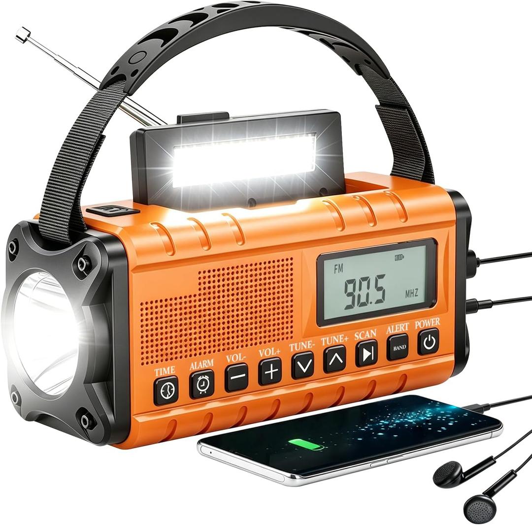 10000mAh/37000mWh Emergency Radio-Weather Radio Portable AM FM Auto Scan with Solar Panel/Hand Crank/AC Input Rechargeable Battery with Flashlight Reading Lamp SOS Siren for Indoor/Outdoor Emergency