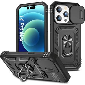 Case for iPhone 14 Pro Max, Shockproof Impact Resistant with Slide Lens Protective Cover Case for iPhone 14 Pro Max (6.7 inch) (Black)