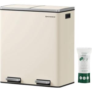 SONGMICS Trash Can, 2 x 8 Gallon (2 x 30 L) Garbage Can for Kitchen, with 15 Trash Bags, 2 Compartments, Plastic Inner Buckets and Hinged Lids, Airtight, Almond Color ULTB201A01