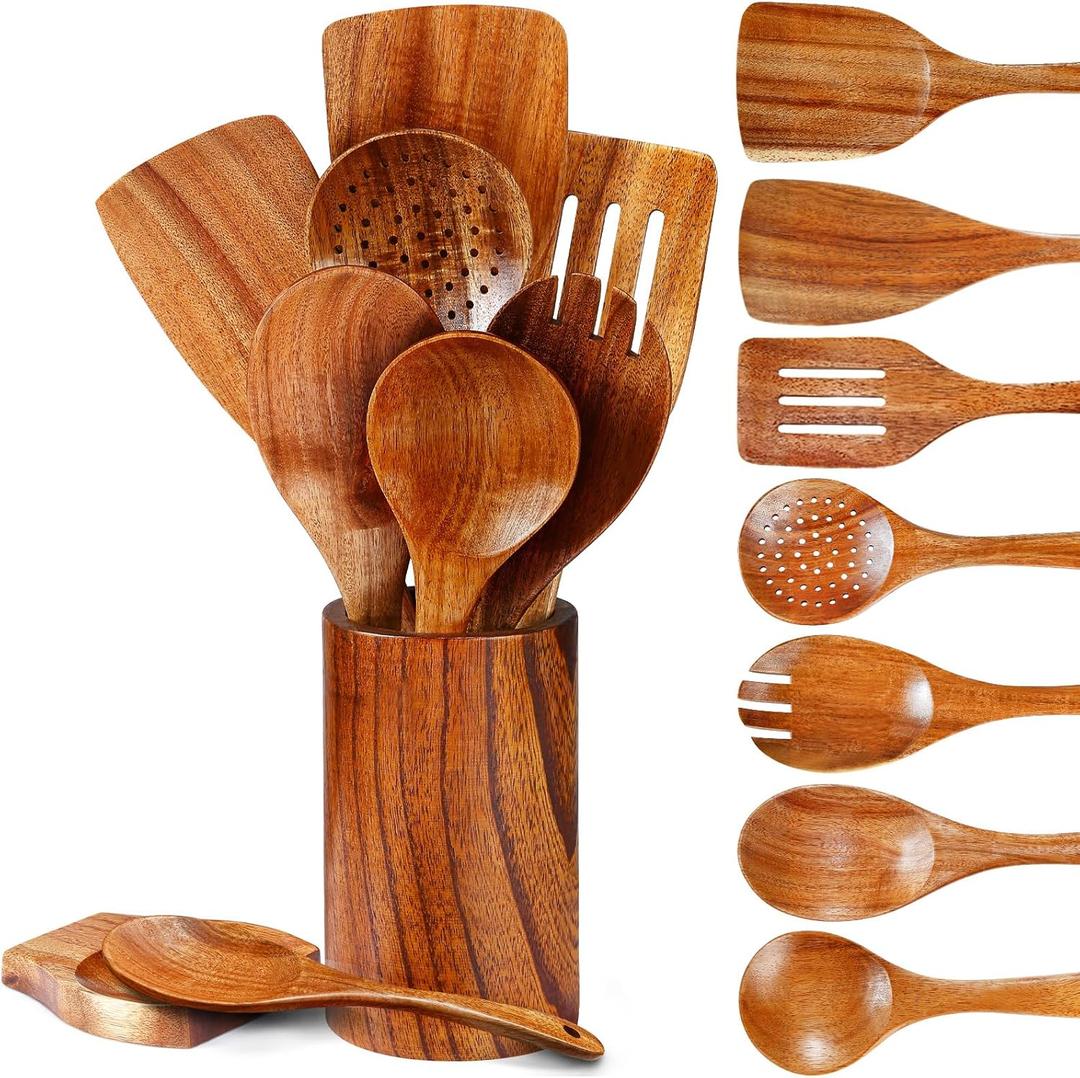 Pleafind Natural Teak Wooden Utensil Set - 9 Pcs, Wooden Spoons for Cooking, Wooden Cooking Utensils Set with Holder  Spoon Rest, Soft Comfort-Grip Wood Kitchen Utensil Set for Non-Stick Cookware