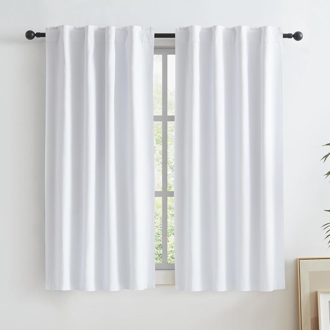 KEQIAOSUOCAI Short White Blackout Curtains Natural Back Tab Rod Pocket Narrow Curtain Panels for Small Window Cafe Kitchen Curtains 45 Inch Length, 2 Panels, White, W34 x L45