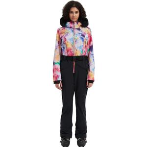 Women's One Piece Snowsuit Ski Suit Slim Fit High Collar Hood Zipper Jumpsuit Snowboard Waterproof Windproof Jacket (Medium, Neon)