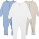 GUISBY Baby Pajamas with Mitten Cuffs - 3Pcs Girls Boys 2 Way Zipper Long Sleeve Rayon Sleepers (Newborn, Oatmeal-Cream-Light Blue)