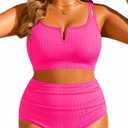 Women Plus Size High Waisted Bikini - Ribbed Two Piece Swimsuit Tummy Control Bathing Suit V-Wired 2025 Swimwear neon pink3 16W