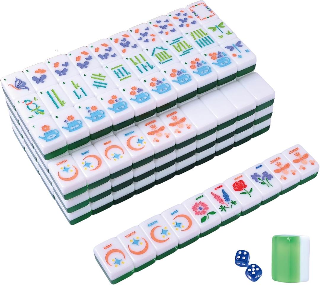 American Mahjong Tile Set, 166 Green Mahjong Tile Set American, Acrylic Engraved American Mahjong Tiles Set with Carrying Bag, 2 Dice and Mahjong Instructions (Blue and Green Color)