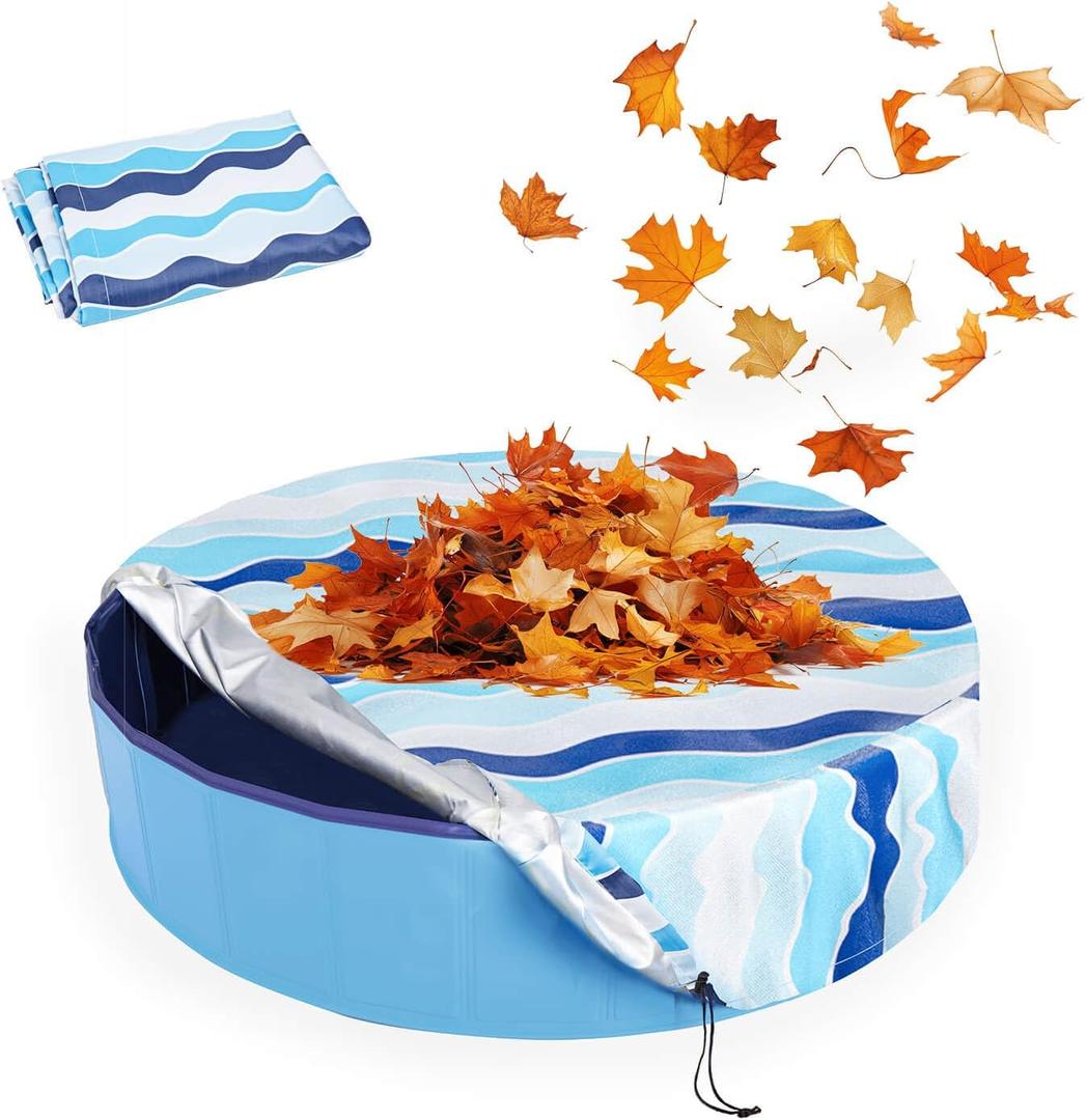 Foldable Dog Pool Cover Waterproof Round Pet Dog Kiddie Bath Tub Lid Cover, Fit for 32Inch Pools, Outdoor Portable Puppy Pool Accessories with Drawstring (Blue Stripes) S-32*8 inch