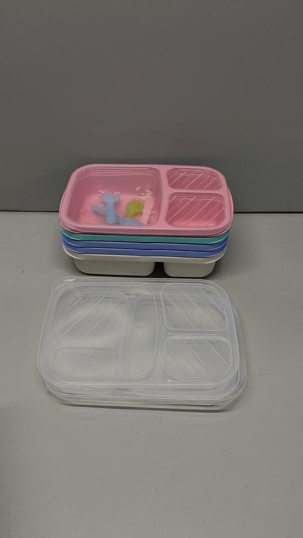 5 Of Pack Bento Lunch Box Set 3 Compartment Food Storage Containers Wheat Straw Meal Prep Lunch Box Plastic Food Storage Containers, Microwave and Dishwasher Saf