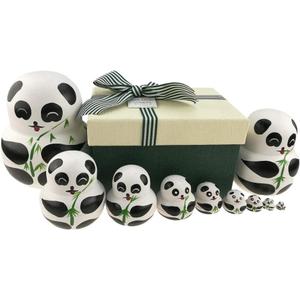 Apol Set of 10 Big-Belly Wooden Handmade Panda Bear with Bamboo Nesting Dolls Matryoshka Russian Doll in a Box with Bow for Kids Toy Home Decoration New Year