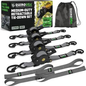 Rhino USA Retractable Ratchet Straps (4-Pack) - 1 Inch x 10 Feet (1,209lb Break Strength) - Auto Self Retracting Tie Down Straps for Truck, Cargo Trailer, Motorcycle, ATV, UTV - Gray
