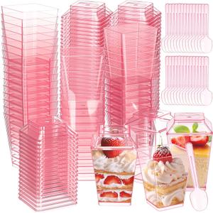 Mifoci 300 Pcs 5 oz Pink Plastic Dessert Cups with Lids and Spoons Mini Clear Reusable Yogurt Parfait Appetizer Cup for Wedding Baby Shower Party Picnic Dessert Fruit Pudding Ice Cream Cake
