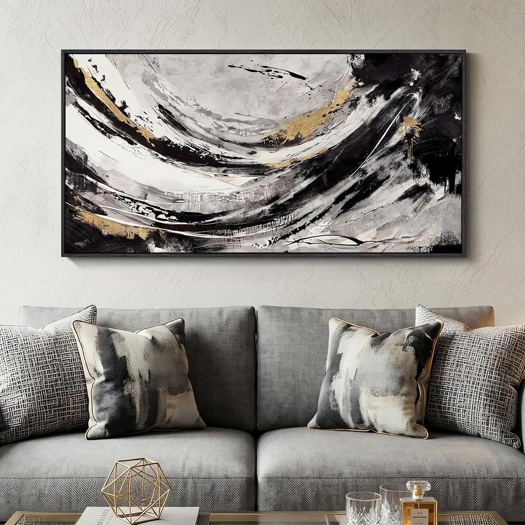 Large Framed Abstract Wall Art for Living Room, Horizontal Black Gold and White Canvas Painting Print Artwork for Walls, Modern Neutral Minimalist Pictures for Bedroom Office Wall Decor, 30x60 In