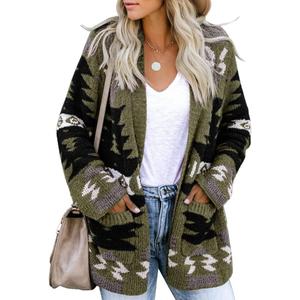 FERBIA Women Boho Cardigan Aztec Open Front Loose Slouchy Sweaters Tribal Long Sleeve Knitted Christmas Jacket Coat (Small, Army Geen)