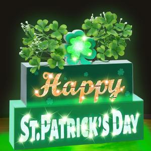 St. Patrick's Day Decorations St Patrick's Day Table Centerpieces St Patrick's Wooden Blocks Sign with Lighted 3D Letters Timer Shamrocks and Flowers St. Patrick's Day Decor for Home Table Tiered Tray