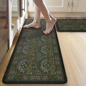 Collive Kitchen Mats for Floor, Cushioned Anti Fatigue Mat Dark Green Floral Rugs 2 Piece Non Skid Waterproof Sink Rug, Memory Foam Comfort Standing Mat for Office, Laundry, Desk