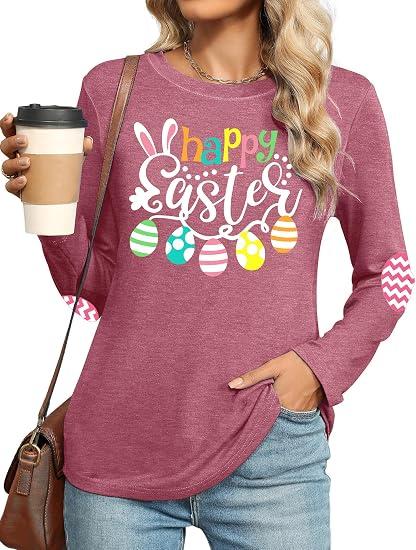 Easter Shirt for Women: Happy Easter Shirts Bunny Shirt Cute Rabbit Graphic T Shirts Casual Long Sleeve Tee Tops(Pink1, Small)