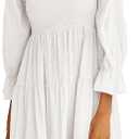 R.Vivimos Women's Summer Cotton Plaid Puff Sleeves Bow Casual Off-Shoulder Boho Midi Dress (Medium, White)