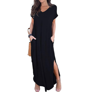 ANRABESS Women Year-Round Casual Round Neck Loose Split Wrinkle-Free Long Maxi Vacation Dress with Pockets, Size Small