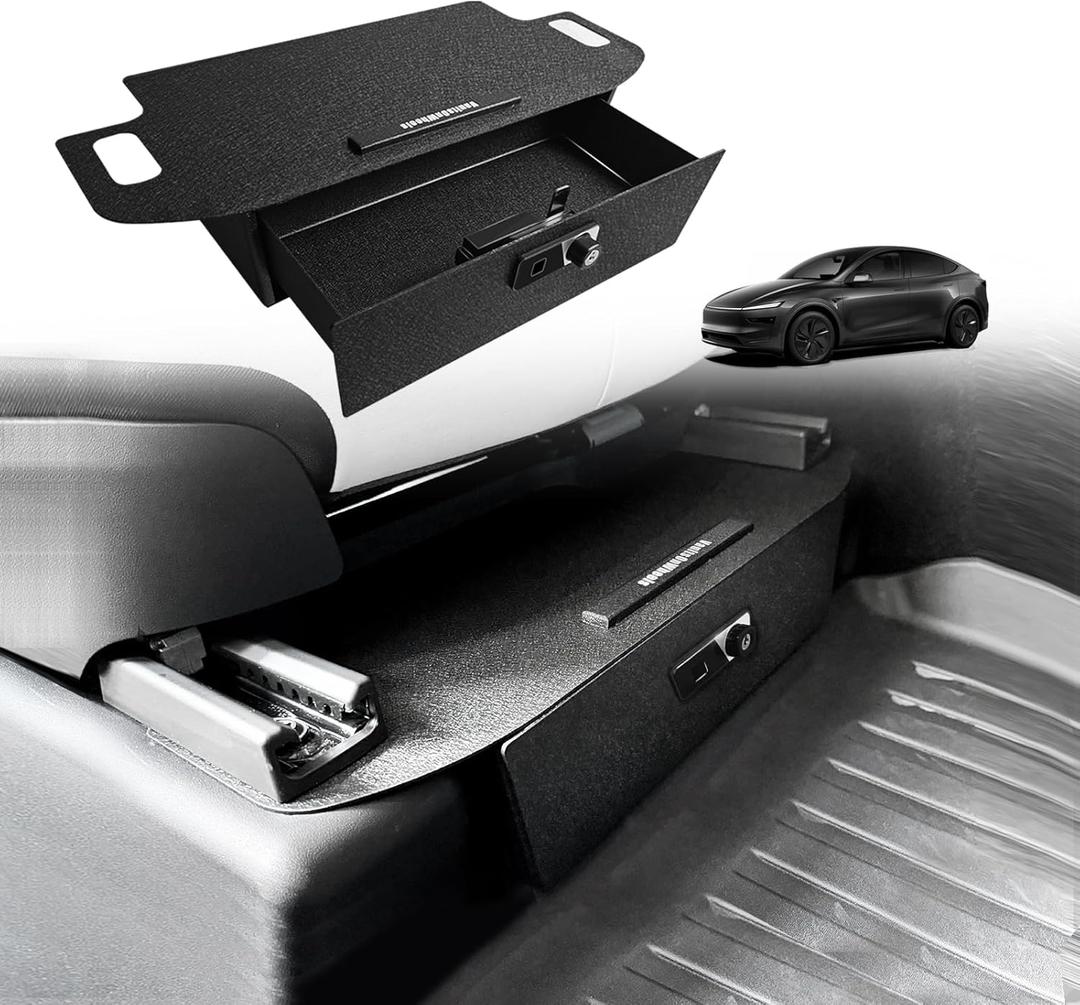 VaultsOnWheels for 2026+ Tesla New Model Y Juniper Front Seat Safe Vault Patented Design Gun Safe Box Driver/Passenger Side Drawer LockBox Anti-Theft Biometric Fingerprint Lock