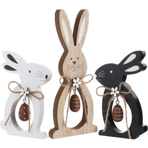 Capoda 3 Pack Easter Wooden Bunny Table Decorations Farmhouse Easter Tiered Tray Decor Bunny Signs Tabletop with Egg Rustic Table Centerpiece Rabbit Decor for Home Office Party Gifts