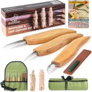 BeaverCraft Wood Carving Knife Kit S15 Whittling Kit for Beginners, Kids - Wood Carving Tools Set with Detail Chip Knife Sloyd Whittling Knives & Leather Strop, Polishing Compound and Tutorials