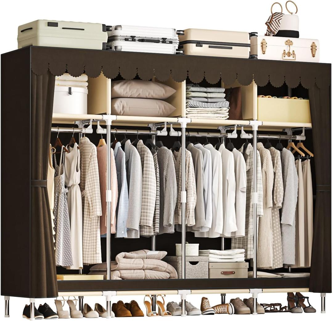 Large Portable Armoire Wardrobe Closet with 4 Hanging Rods and Lockers,Metal Storage Wardrobe Clothes Rack with Dust Cover for Clothes,16.7 in Wide,Bedroom,Gray (Brown, 77.5 in)