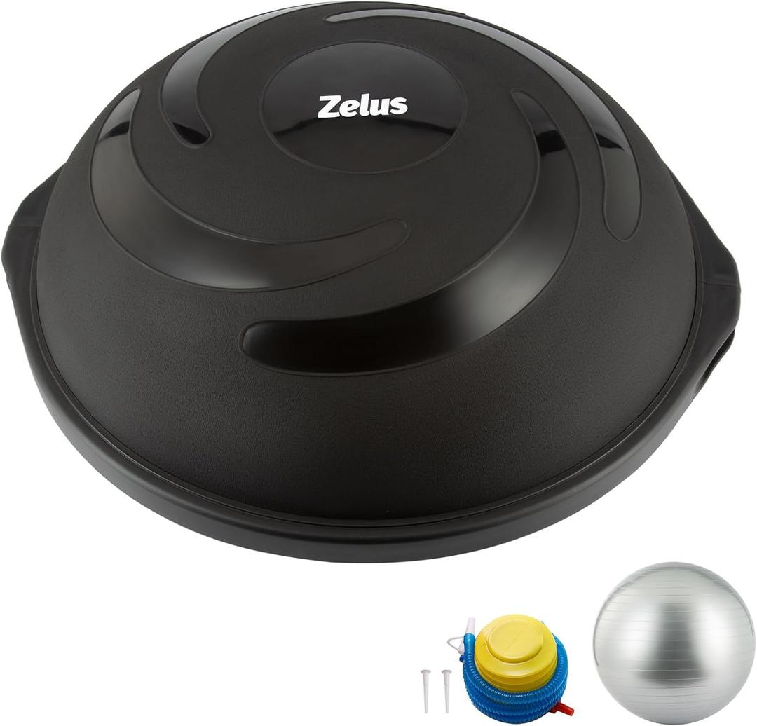 ZELUS 25in. Balance Ball | 660lb Inflatable Half Exercise Ball Wobble Board Balance Trainer w Nonslip Base | Half Yoga Ball Strength Training Equipment w 2 Bands, Pump, Extra Ball Included (Black)