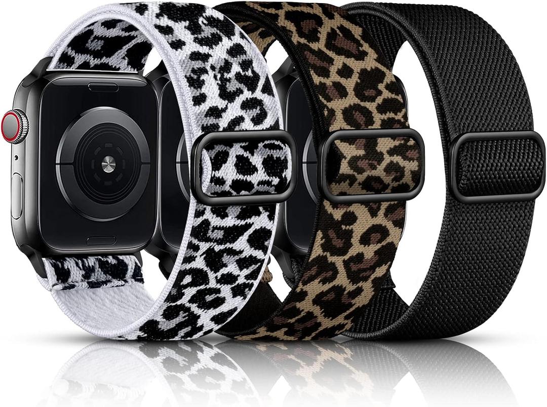 DaQin 3 Pack Stretchy Solo Loop Compatible with Apple Watch Bands for Women 42mm 41mm 40mm 38mm, Soft Nylon Braided Elastic Strap for iWatch Band Series 11 10 9 8 7 6 5 4 3 SE Ultra 3 Ultra 2 Ultra (Black/White Leopard/Leopard)