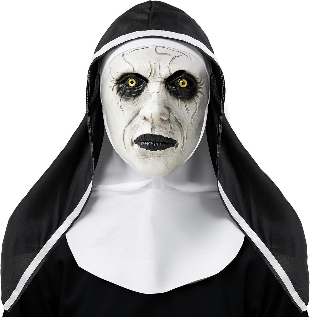Spooktacular Creations Halloween Scary Nun Mask, Creepy Latex Monster Face Mask with Black White Hood for Adult Halloween Horror Cosplay Costume Accessories, Realistic Party Dress Up