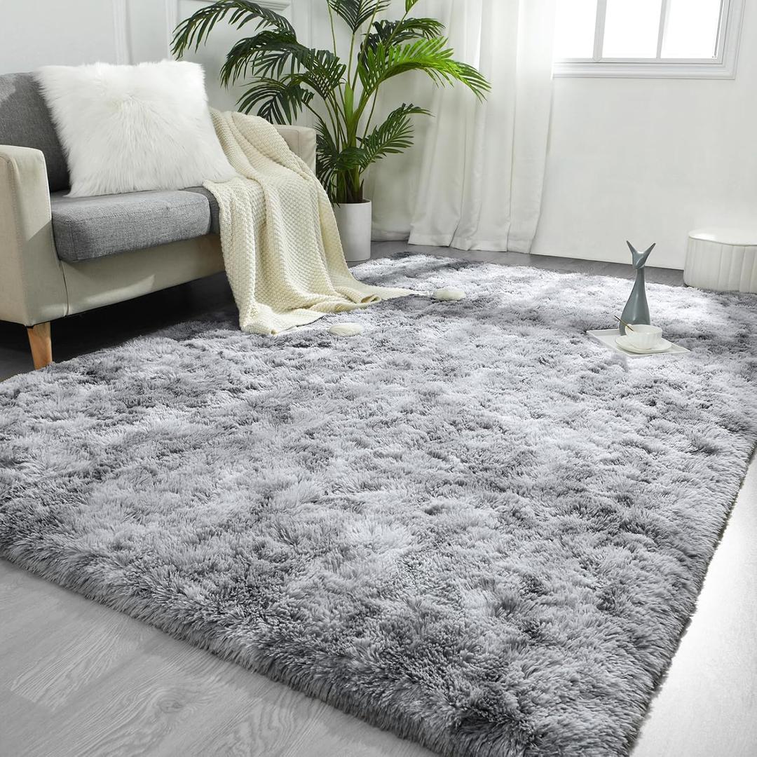 8x10 Feet Large Area Rugs for Living Room, Tie-Dyed Light Grey Shaggy Rug Fluffy Throw Carpets, Ultra Soft Plush Modern Indoor Fuzzy Rugs for Bedroom Girls Kids Nursery Room Dorm Home Decor