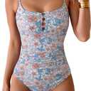 B2prity One Piece Swimsuit for Women Tummy Control Retro Bathing Suit Button Up Slimming Swimwear (XX-Large, Orange Floral Print)