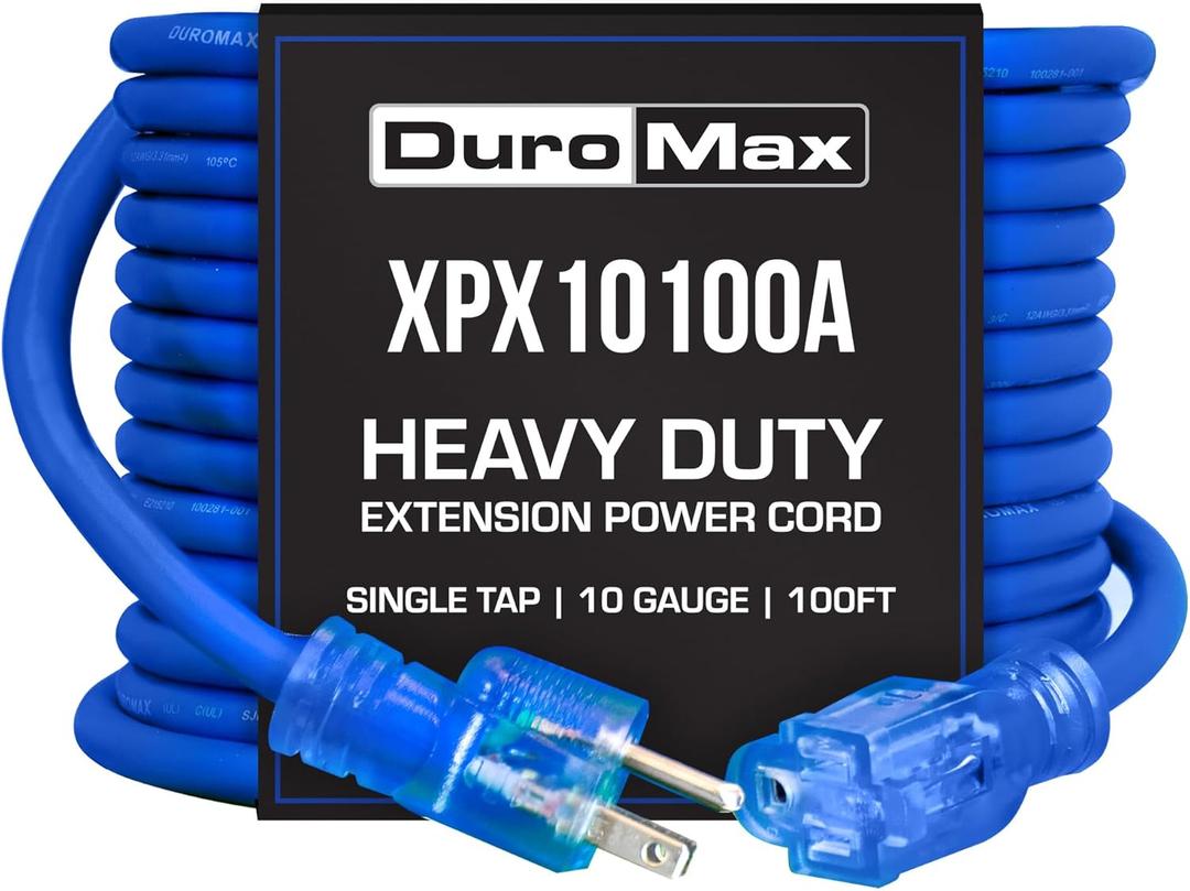 DuroMax XPX10100A Heavy Duty SJEOOW 100-Foot 10 Gauge Blue Single Tap Lighted Extension Power Cord