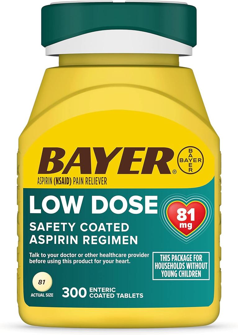Bayer Aspirin Low Dose 81 mg, Enteric Coated Tablets, Doctor Recommended, Secondary Prevention of Cardiovascular Disease, 300 Safety Coated Tablets, Expiry: 2027/01