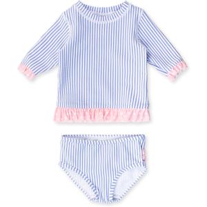 RuffleButts Baby/Toddler Girls UPF50+ Sun Protection Seersucker Short Sleeve Ruffle Rash Guard Bikini (5T, Periwinkle Blue)