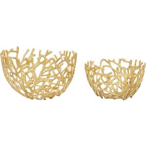 Deco 79 Aluminum Metal Coral Handmade Decorative Bowl Decorative Bowl Cutout Decorative Containers, Set of 2 Decorative Keepsake Boxes 14", 12"W, Gold
