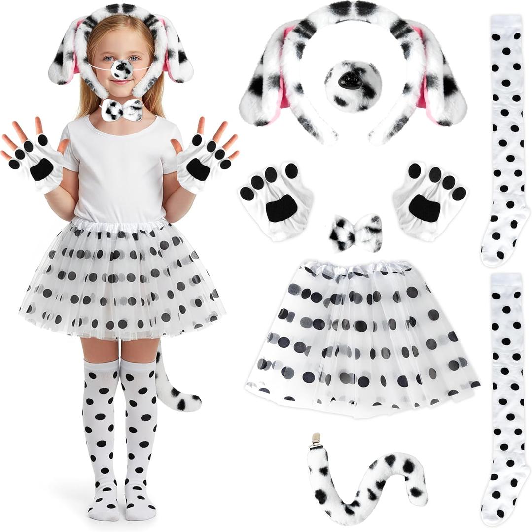 Girls Dalmatian Costume Kids Outfit - Dalmatian Dog Costume Accessories with Skirt Ears Headband Nose Tail Bow Tie Gloves Socks Choker, 100th Days of School Animal Cosplay Party Supplies Favor