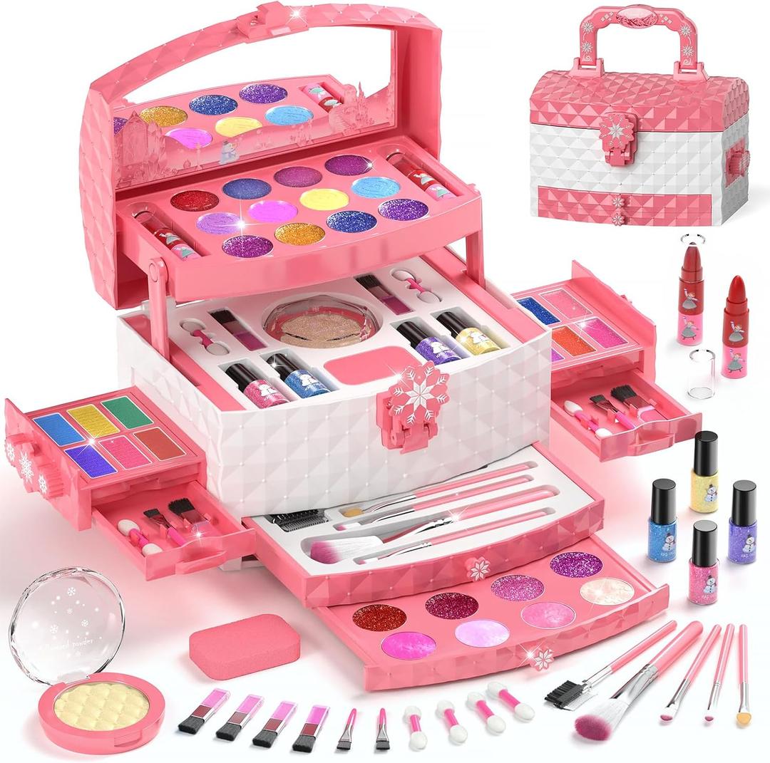 PERRYHOME Kids Makeup Set for Girl 56 Pcs Washable Real Cosmetic, Non-Toxic Frozen Toys Toddler Makeup Kit, 2026 New Princess Valentine & Birthday Girl Gift for 3 4 5 6 7 8 9 10 11 12 Year Old Girls