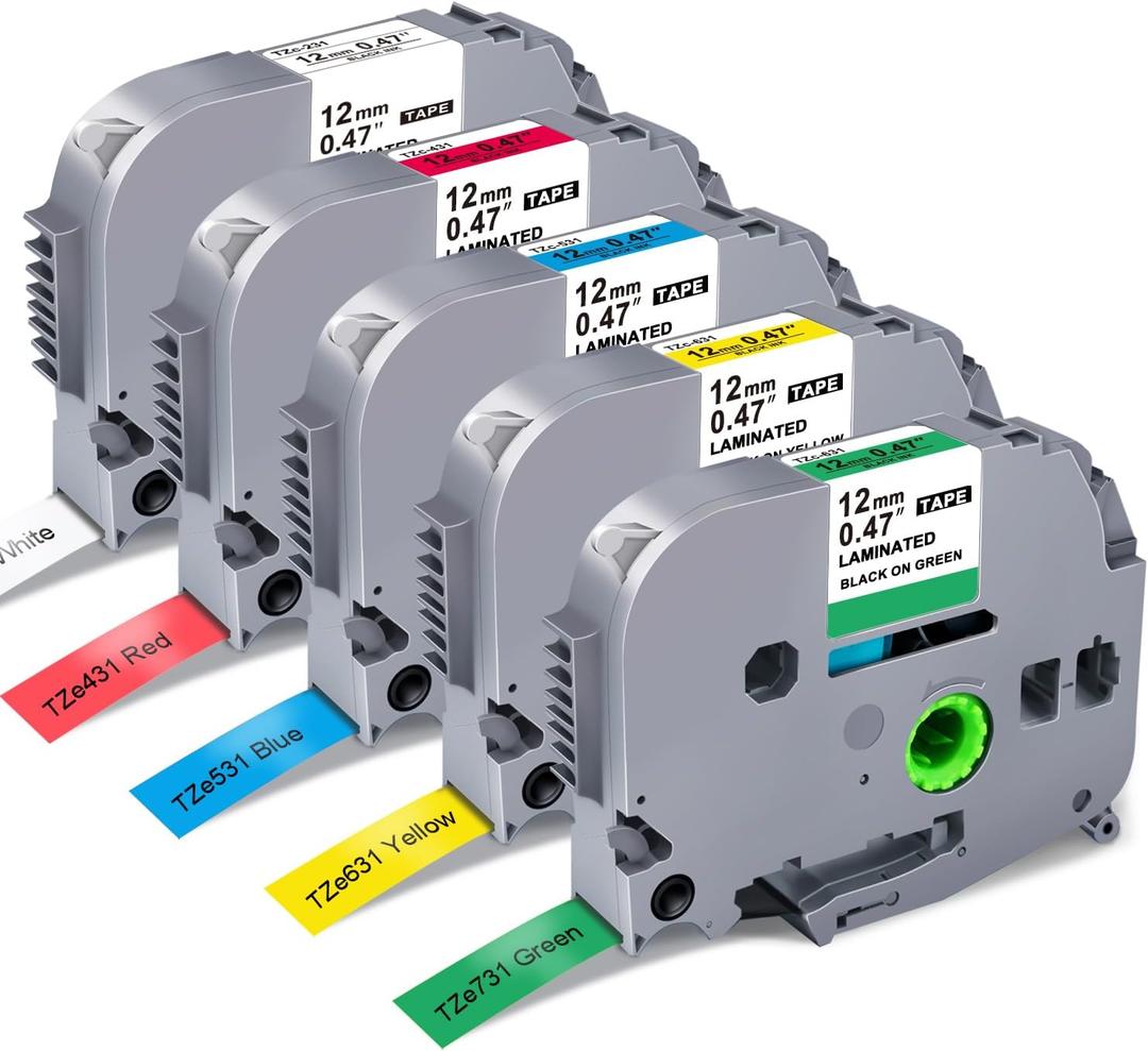 5-Pack Label Maker Tape Replace for Brother TZe TZ Tape 12mm 0.47 Laminated Colored White/Red/Blue/Yellow/Green Compatibel with Brother P Touch Label Maker PTH110 PTD220 PTD210 PT-D410