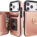 ONETOP for iPhone 17 Pro Wallet Case with Card Holder, 360° Rotation Ring Kickstand RFID Blocking PU Leather Double Magnetic Clasp Shockproof Cover for Women and Girls 6.3 Inch (Rose Gold)