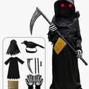 longpo Halloween Costumes for Boys Grim Reaper Costume Kids Set Scary Ghost Cosplay Outfit Halloween Party Favors Gifts.8-10Y