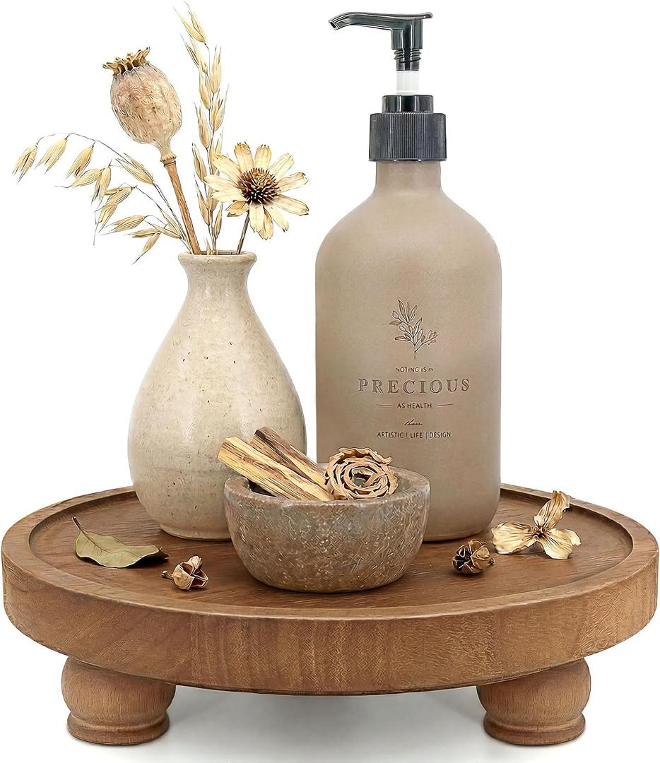 EOSAHR Farmhouse Wood Risers for Bathroom Decor - Decorative Pedestal Tray for Your Kitchen and Home - Rustic Round Waterproof Display Stand Organize for Your Soap, Plants, Jewelry, Perfume(Brown)