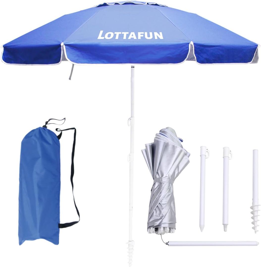 LOTTAFUN 6.5ft Beach Umbrella - Heavy Duty Wind Resistant UV 50+ Portable Sun Shade with Sand Anchor & Carry Bag, Outdoor Folding Umbrella for Beach, Pool, Patio, Garden (Dark Blue) No Tilt