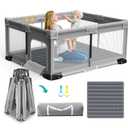 ICAREWAY Foldable Playpen for Babies and Toddlers, 71"x59" Inches Portable Playpen with Mat, Kids Collapsible Play Pen with 2 Handlers, Indoor & Outdoor Baby Play Area with Visible Mesh (Light Gray)